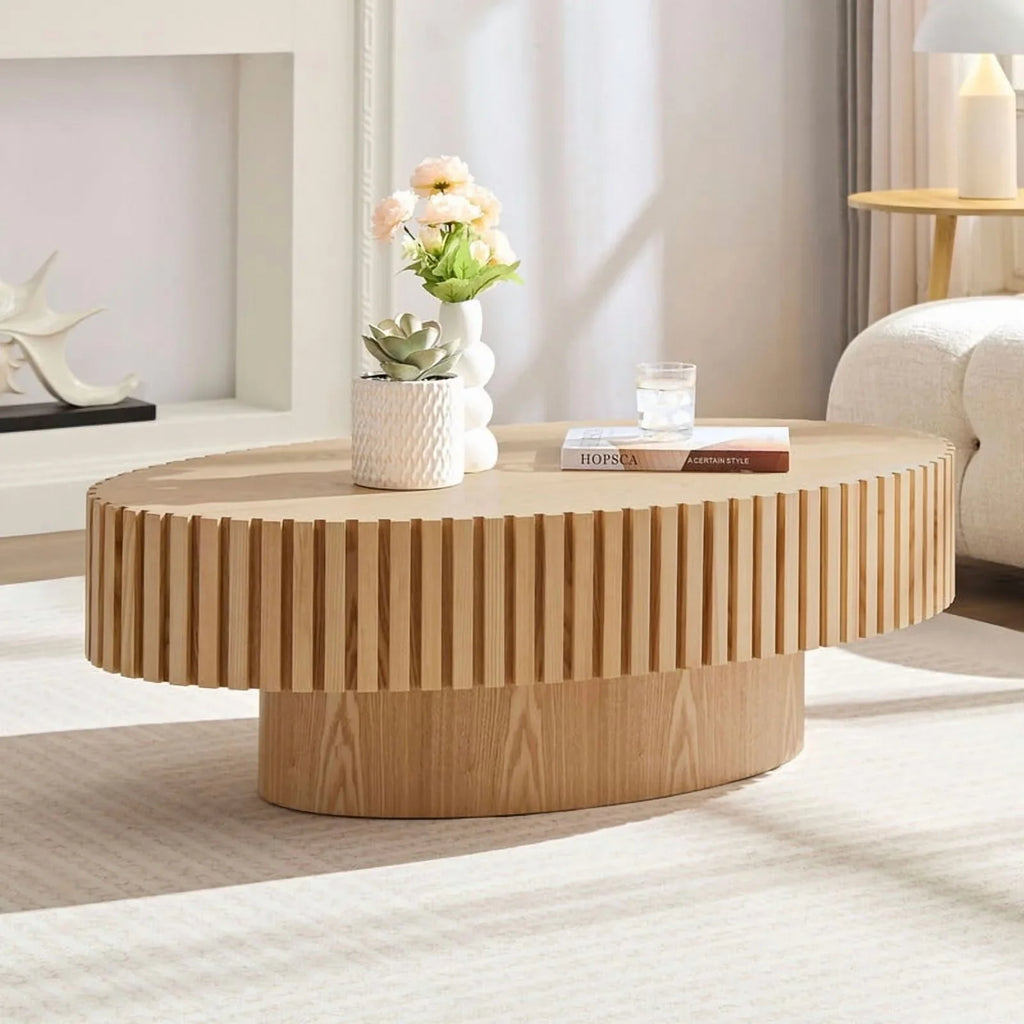 2026 NewFFH 43.7 inch Oval Coffee Table for Living Room,Handcraft Rustic Corner Coffee Table Nature Wood Relief Sturdy Pedestal for Apartmen,Side Table Centre Table,Nature Wood