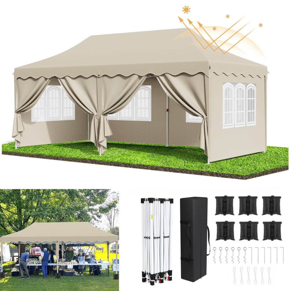 LAZY BUDDY 10'x20' Pop up Canopy Tent with 6 Sidewalls, Heavy Duty Outdoor Canopy Tent Commercial Instant Folding Sun Shelter for Party, Wedding, Camping