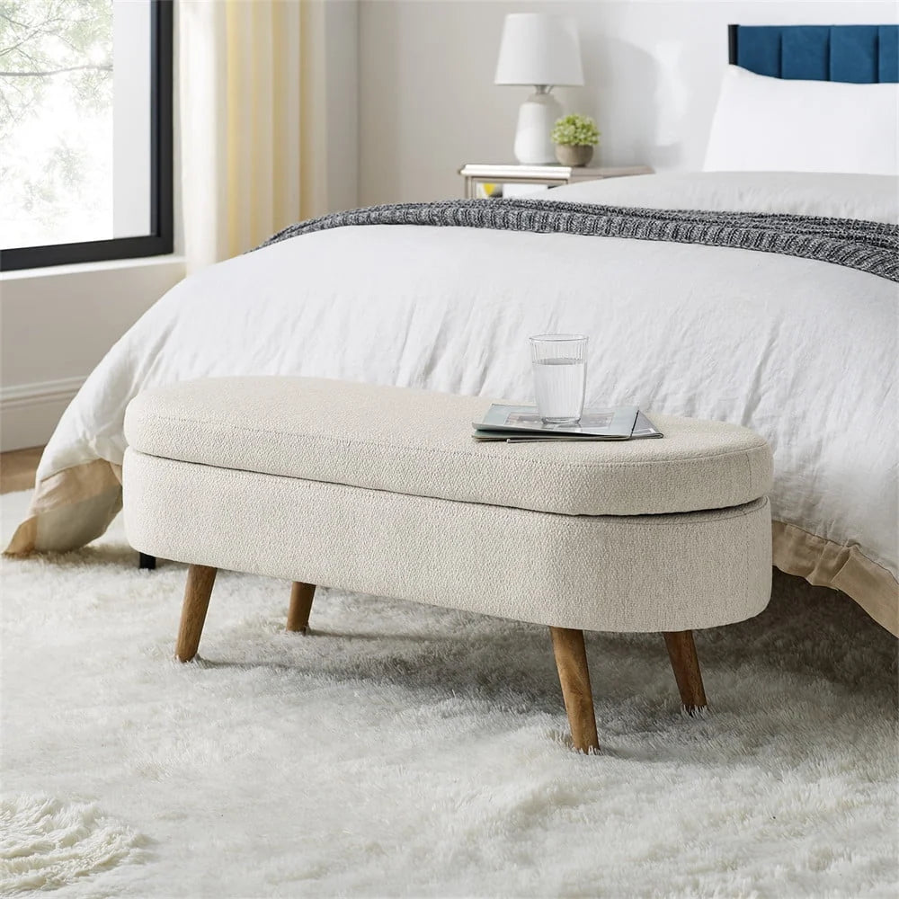 2026 New43.5" Oval Storage Ottoman Bench with Solid Wood Legs, Linen Fabric Upholstered Entryway Bench with Safety Hinge, Indoor Bench for End of Bed, Sofa Side, Entryway