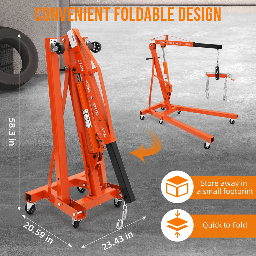 GARVEE 2 Ton Folding Hydraulic Engine Hoist with Lever,Folding Engine Shop Crane Hoist Lift,Heavy Cherry Picker with 6 Wheels for Garage,Workshop,Yellow