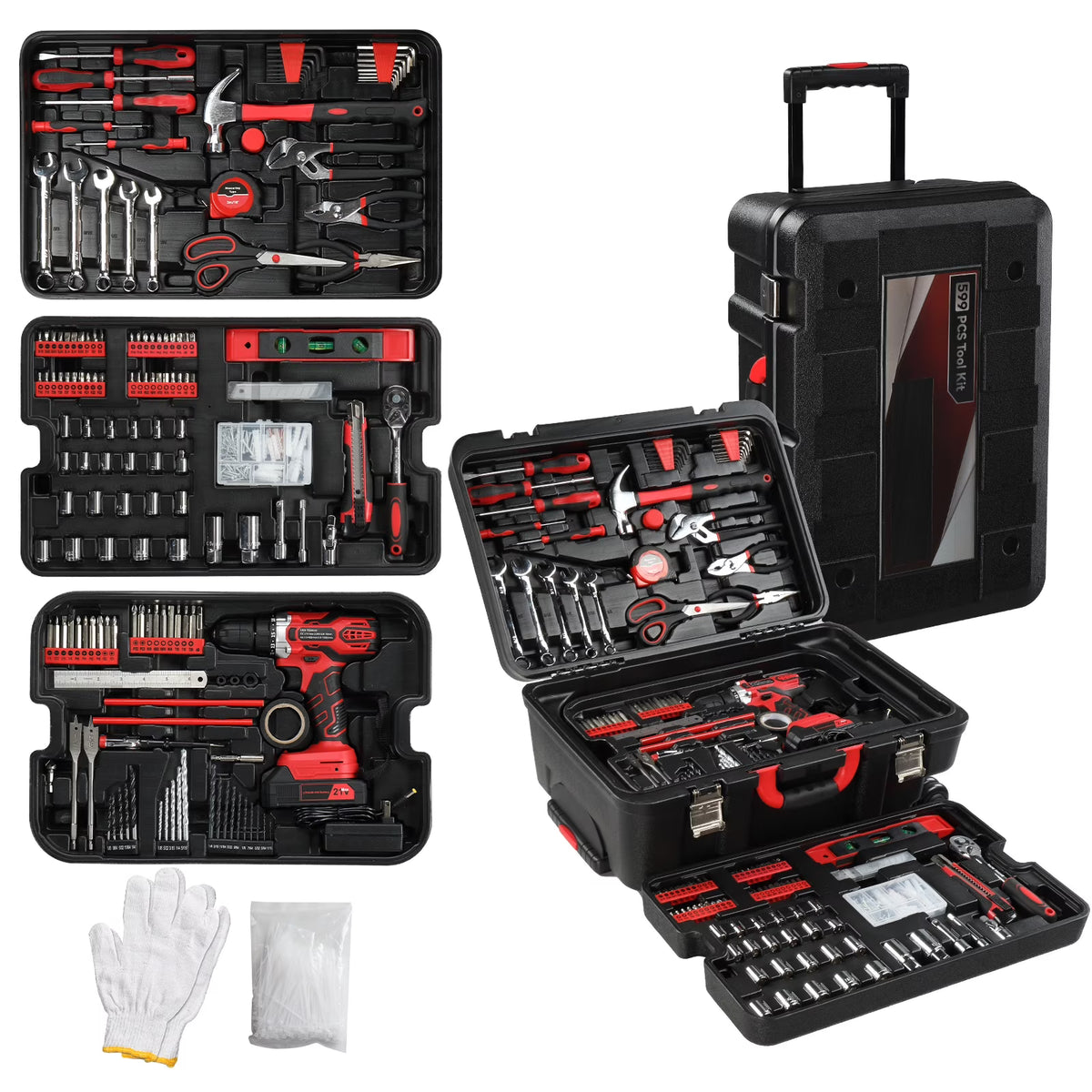 799 Pieces Professional Mechanics Hand Tool Set, Mobile Tool box on Wheels W/Ratchets&Socket, Screwdriver, Tongs, 4-layer Tool Case & Tool Kit, Silver