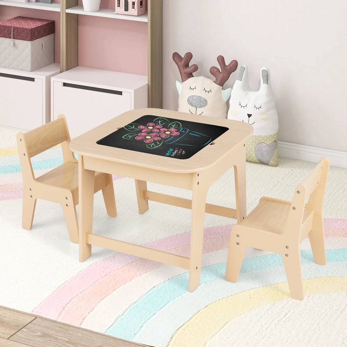 2026 NewOLAKIDS Kids Table and Chair Set, 3 in 1 Wooden Activity Table with Removable Tabletop, Blackboard and Whiteboard for Toddlers Arts Crafts Drawing Reading Playing, Playroom Nursery (Natural)