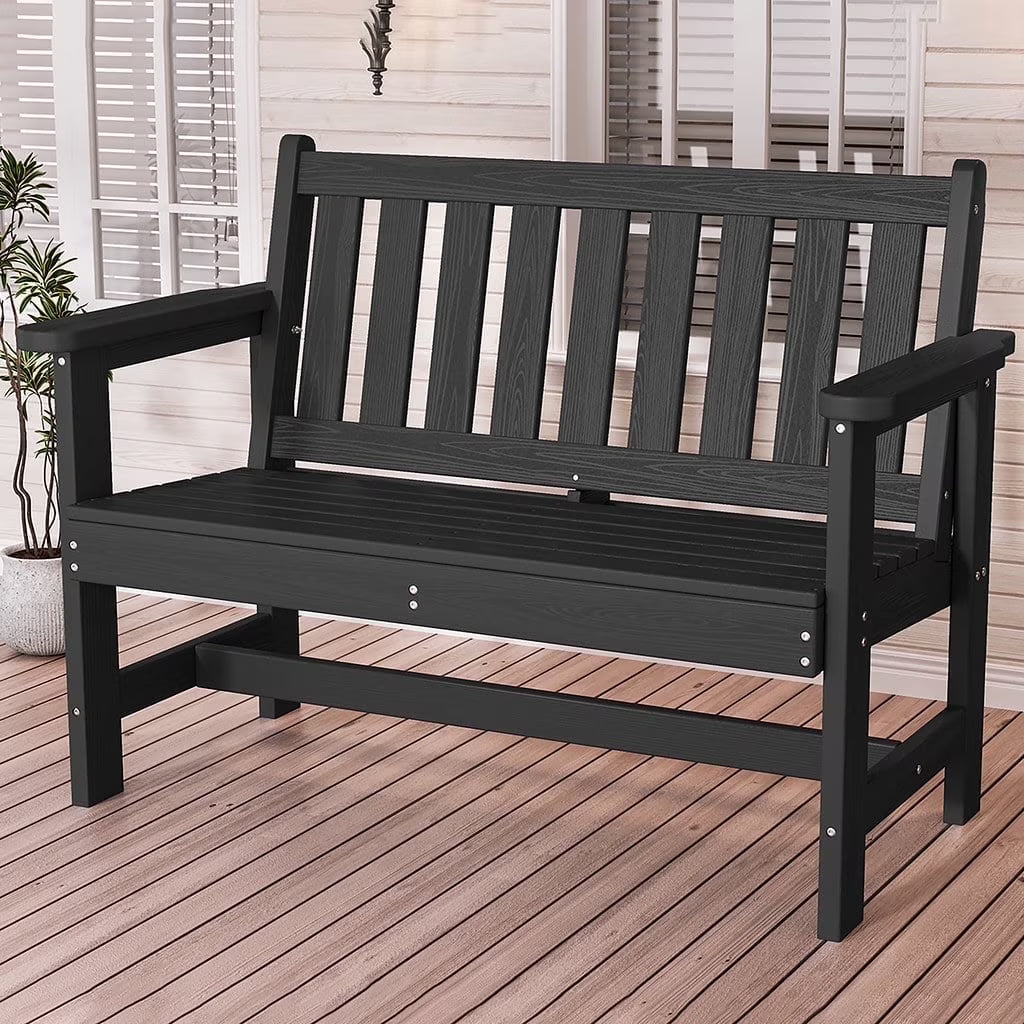 2026 NewSERWALL Outdoor Bench for 2-Person, Weather-Resistant HDPE with Aluminum Reinforcement, Supports 660 lbs, Comfortable Seating for Patio, Garden, and Porch, Black
