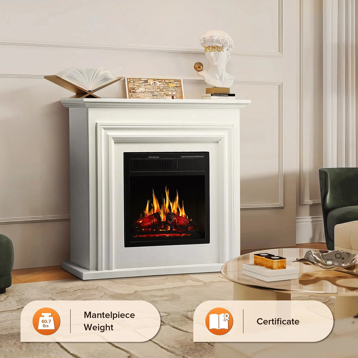 2026 NewKISSAIR Electric Fireplace Mantel Wooden Surround Firebox, Free Standing Fireplace, with Remote Control, Adjustable LED Flame, 750W/1500W -White