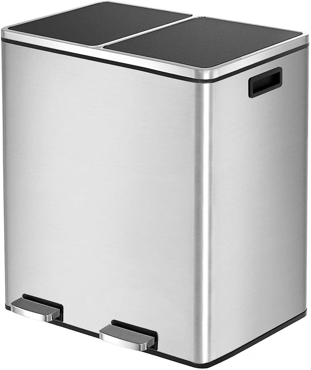 2026 NewLAZY BUDDY Dual Garbage Can, Stainless Steel 16 Gallon Step Kitchen Trash Can with Soft-Close Lid, Double Compartment Garbage Recycling Bin