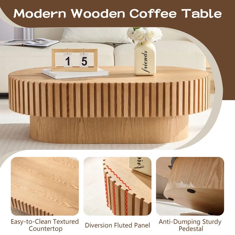 2026 NewFFH 43.7 inch Oval Coffee Table for Living Room,Handcraft Rustic Corner Coffee Table Nature Wood Relief Sturdy Pedestal for Apartmen,Side Table Centre Table,Nature Wood
