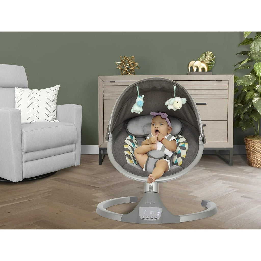 2026 NewDream On Me Zazu Baby Swing. Baby Swing for Infant. 5 - Swinging Speed. Two Attached Toys. Bluetooth Enabled and Remote Control. Grey and Blue