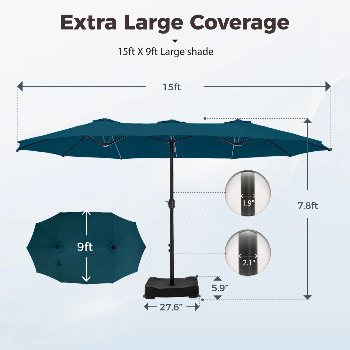 2026 NewAlpha Joy 15ft Outdoor Patio Umbrella Extra-Large Double-Sided Garden Umbrella with Crank Handle and Base - Smoky Gray