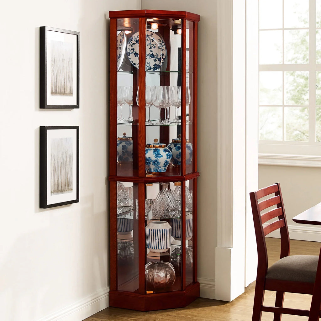 2026 NewWalnut Cabinet With 6 Shelves, Adjustable Glass & Mirrored Back Design Shelf Lighted Corner Curio Shelves In