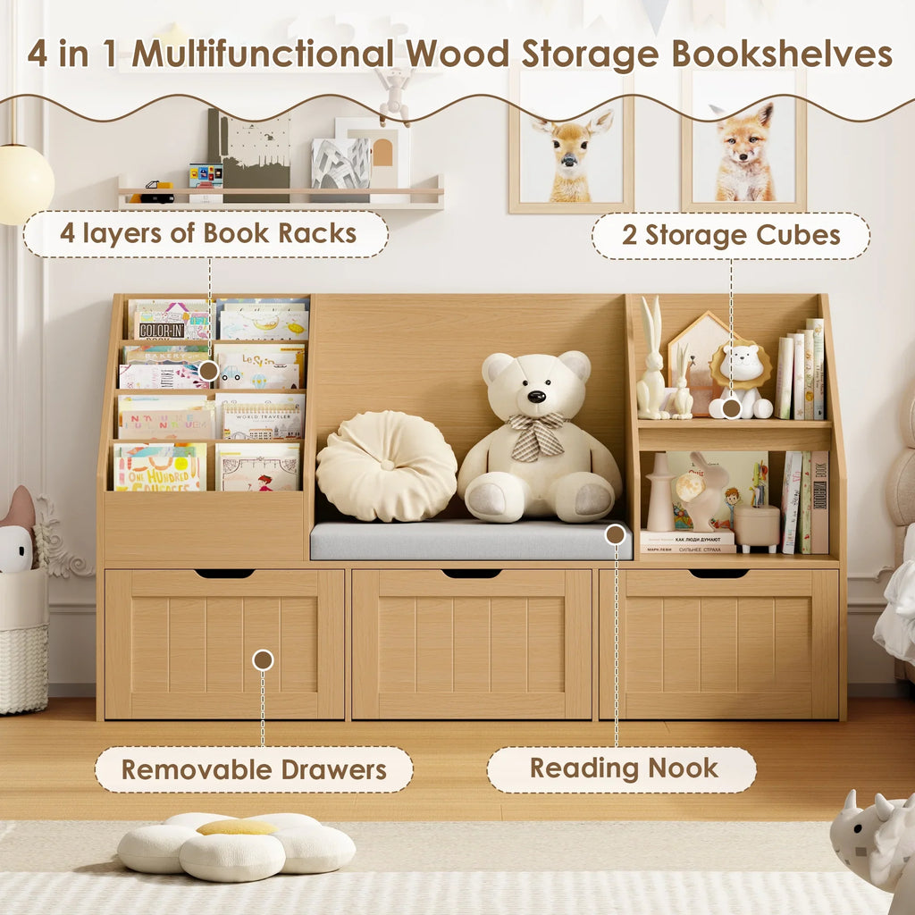 2026 NewHomfa Kids Bookshelf with Reading Nook & 3 Movable Drawers, 2 Cube Bookcase with 4-Tier Book Racks, Toy Storage Organizer for Playroom Bedroom, White