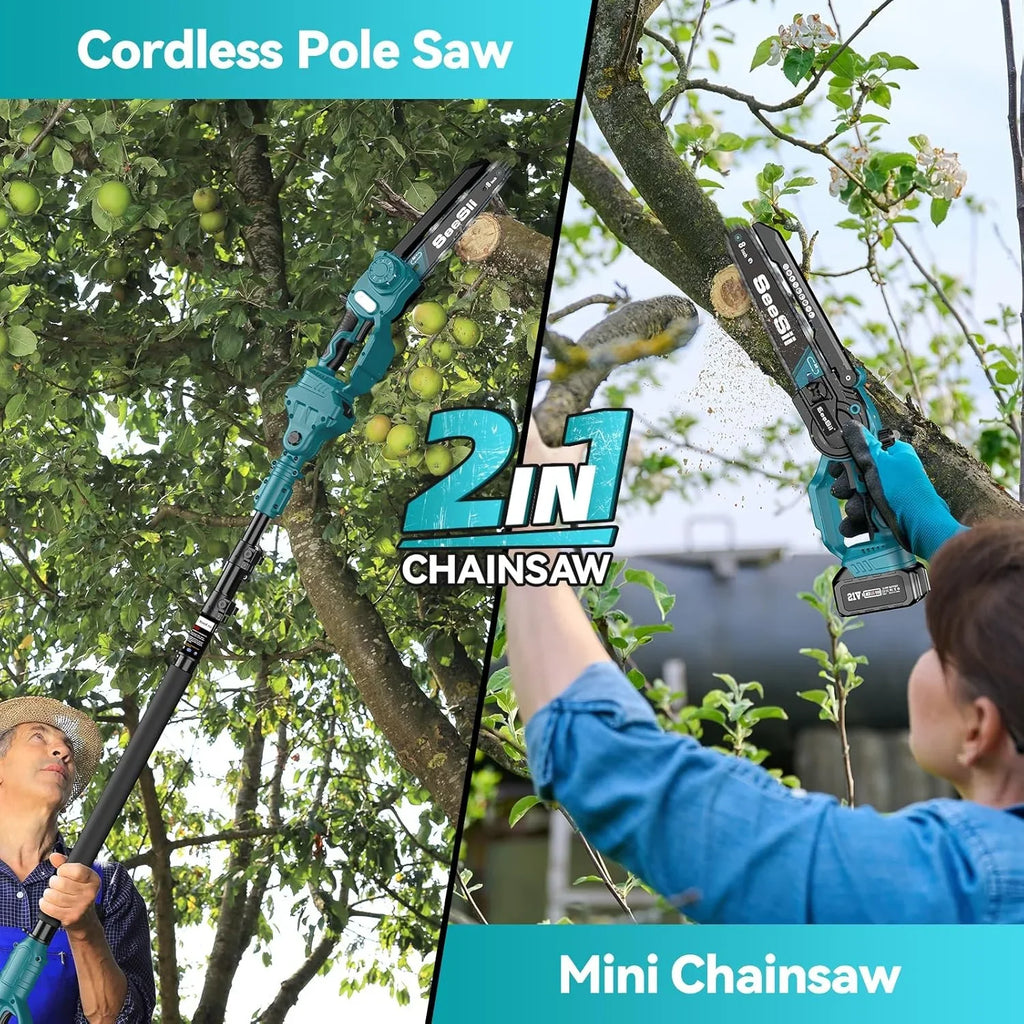 2026 NewSeesii 2-in-1 Cordless Pole Saw, 8 Inch Brushless Mini Chainsaw with Extension Pole, 16ft Max Pole Saws with 2x 21V Batteries for Tree Trimming, Branches Pruning, Wood Cutting