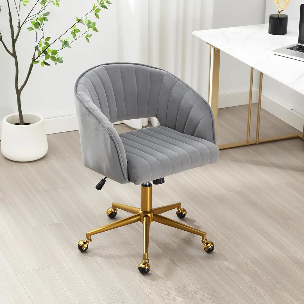 2026 NewHome Office Swivel Desk Chair, Modern Velvet Vanity Chair, Height Adjustable Armchair with Gold Base, Ergonomic Office Chair for Task Study Computer Room, Beige