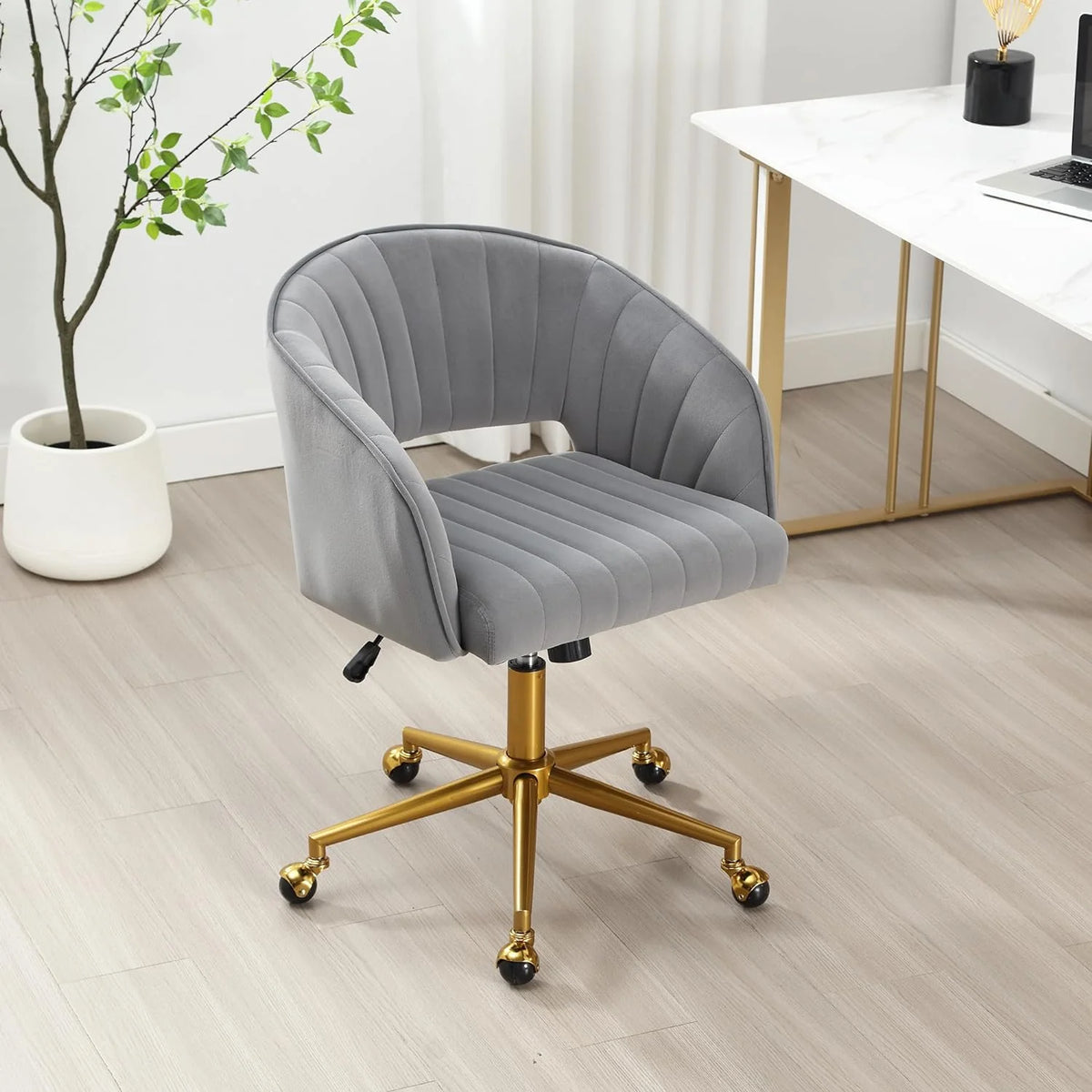 2026 NewHome Office Swivel Desk Chair, Modern Velvet Vanity Chair, Height Adjustable Armchair with Gold Base, Ergonomic Office Chair for Task Study Computer Room, Beige