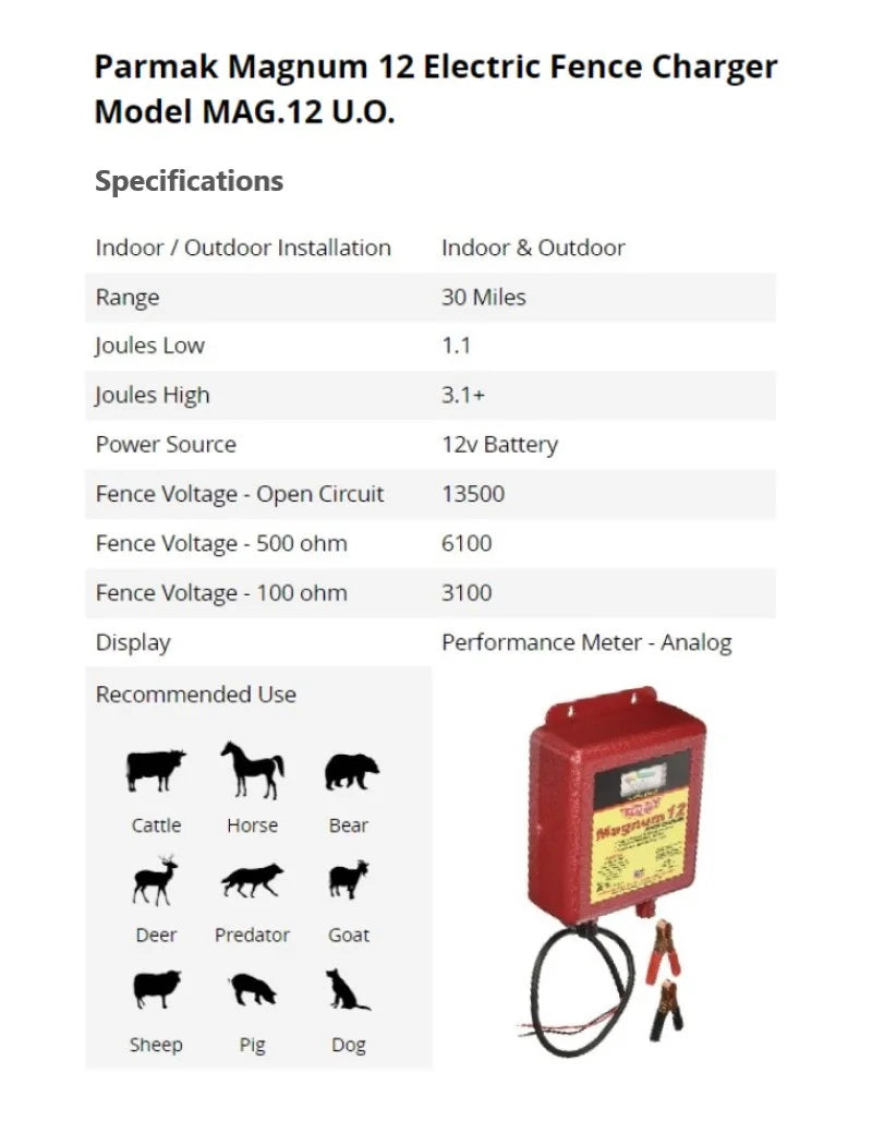 Parmak 30 Mile Range Magnum 12 Fence Charger, 12V Electric Fence Energizer