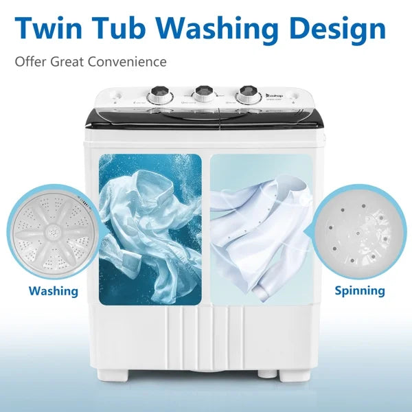 2026 New20Lb Twin Tub Washing Machine w/ Built-In Pump - Semi-Automatic 1300RPM Compact Washer for Apartment, Dorm, RV, Camping, White/Black