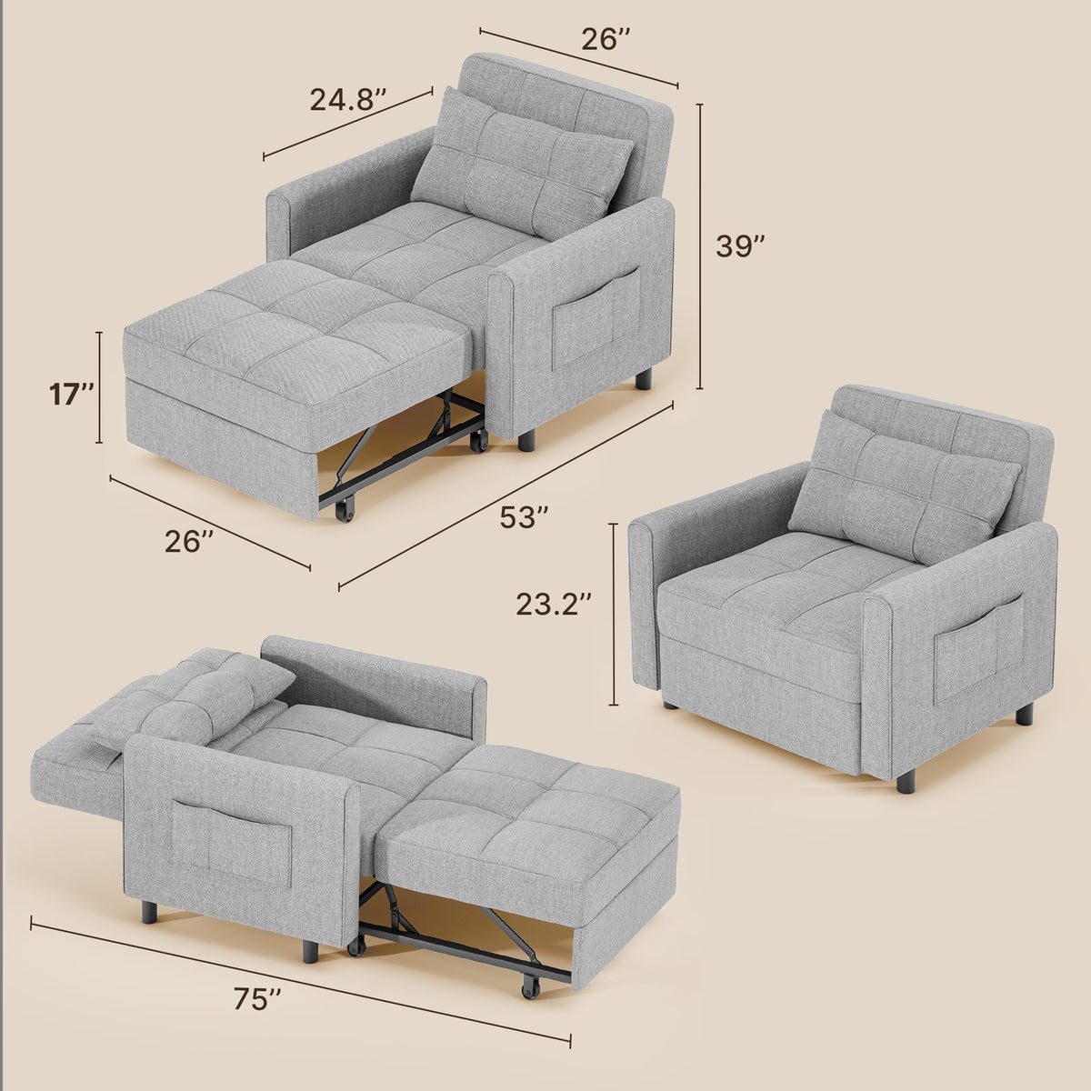 2026 New3 in 1 Convertible Sofa Bed Chair for Living Room, Aiho Sleeper Sofa Bed for Living Room, Dark Gray