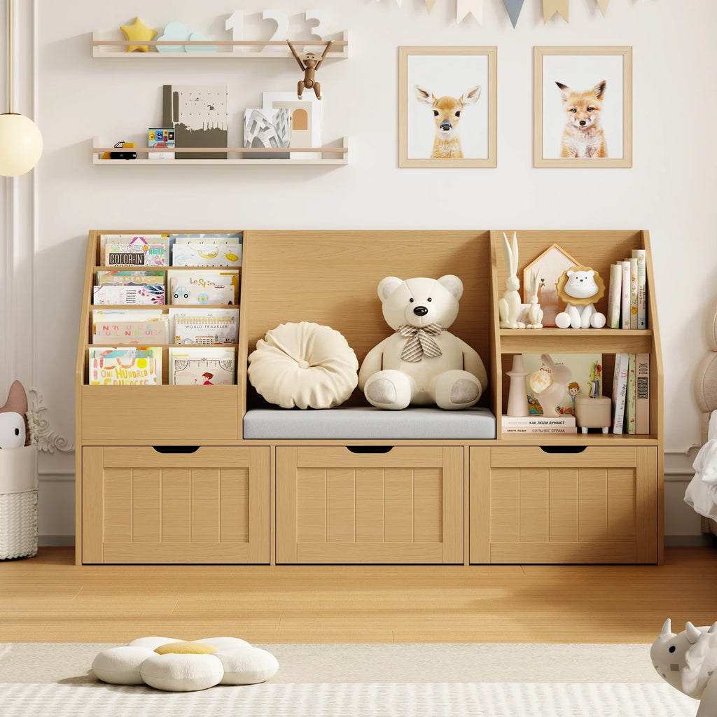 2026 NewHomfa Kids Bookshelf with Reading Nook & 3 Movable Drawers, 2 Cube Bookcase with 4-Tier Book Racks, Toy Storage Organizer for Playroom Bedroom, White