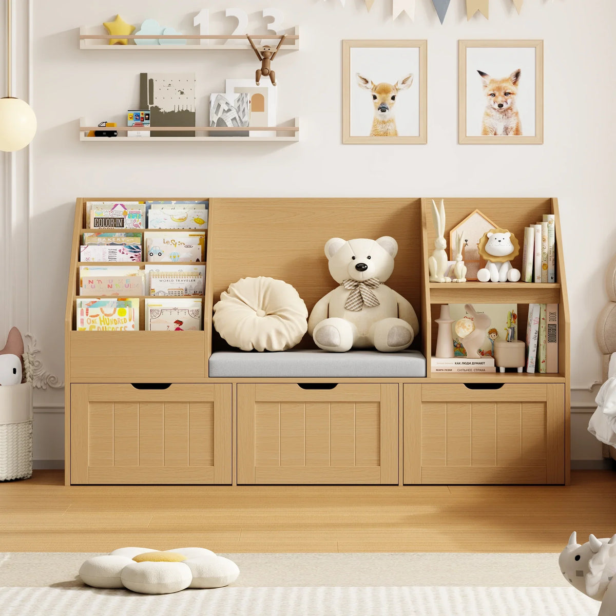2026 NewHomfa Kids Bookshelf with Reading Nook & 3 Movable Drawers, 2 Cube Bookcase with 4-Tier Book Racks, Toy Storage Organizer for Playroom Bedroom, White