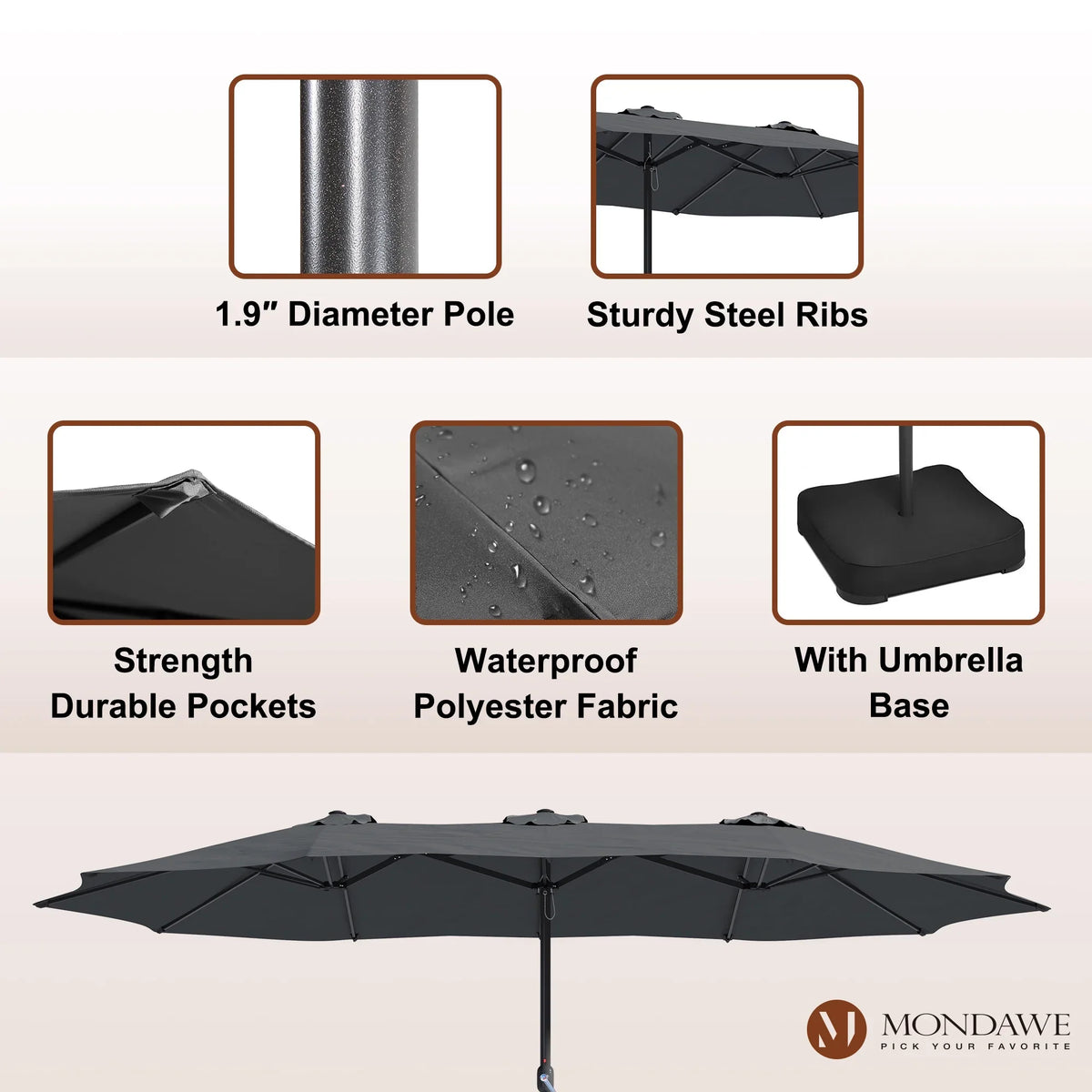 2026 NewMondawe 15ft Patio Umbrella Rectangular Outdoor Market Umbrella with Base and LED Lights Beige