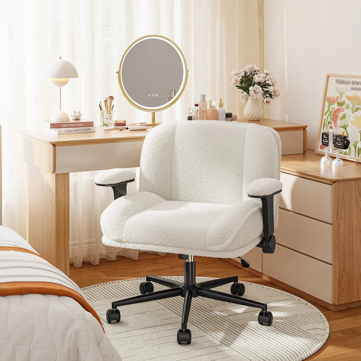 2026 NewRomorgniz Criss Cross Chair with Adjustable Arms & Lumbar Support Office Chair with Reclining Back, Thick Cushion & Wheels for Office, Gaming, Reading, Vanity, Off-White