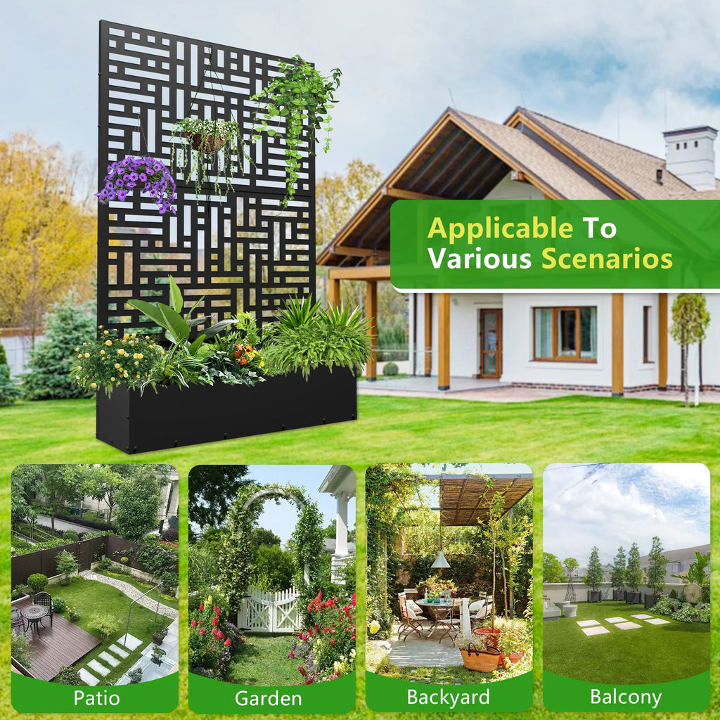 2026 NewFOOWIN 71'' H Metal Planter with Trellis, Outdoor Raised Garden Bed for Climbing Plants, Trellis Planter Box with Drainage Hole, Black