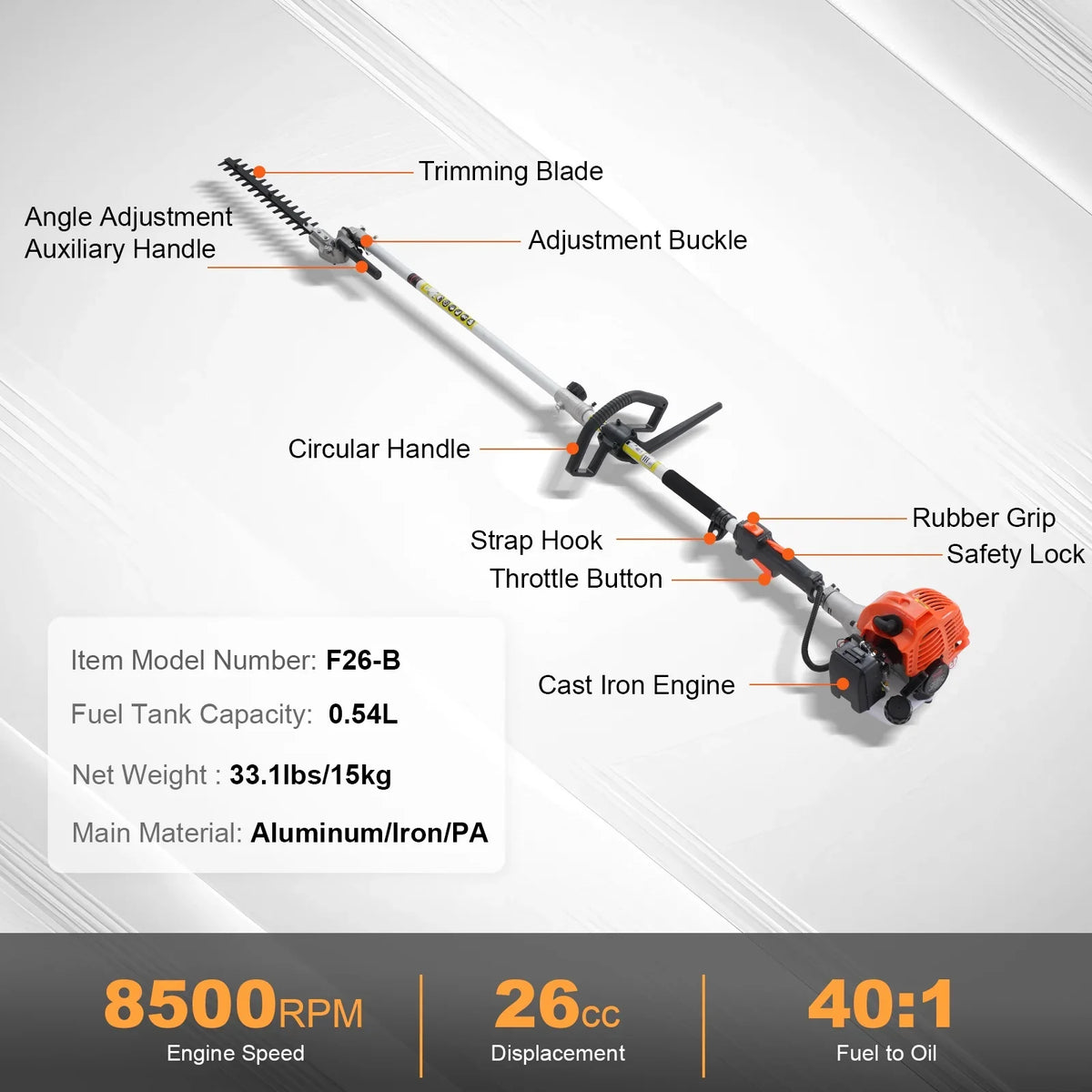 2026 NewVEVOR 26CC 5-in-1 Multi-Functional Trimming Tools, Gas Hedge Trimmer, Weed Eater, String Trimmer, Edger, Pole Saw Chainsaw Pruner with Extension Pole