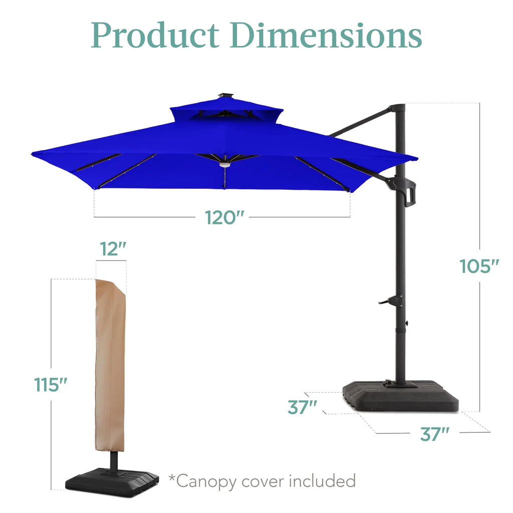 2026 NewBest Choice Products 10x10ft 2-Tier Square Outdoor Solar LED Cantilever Patio Umbrella w/ Base Included - Tan
