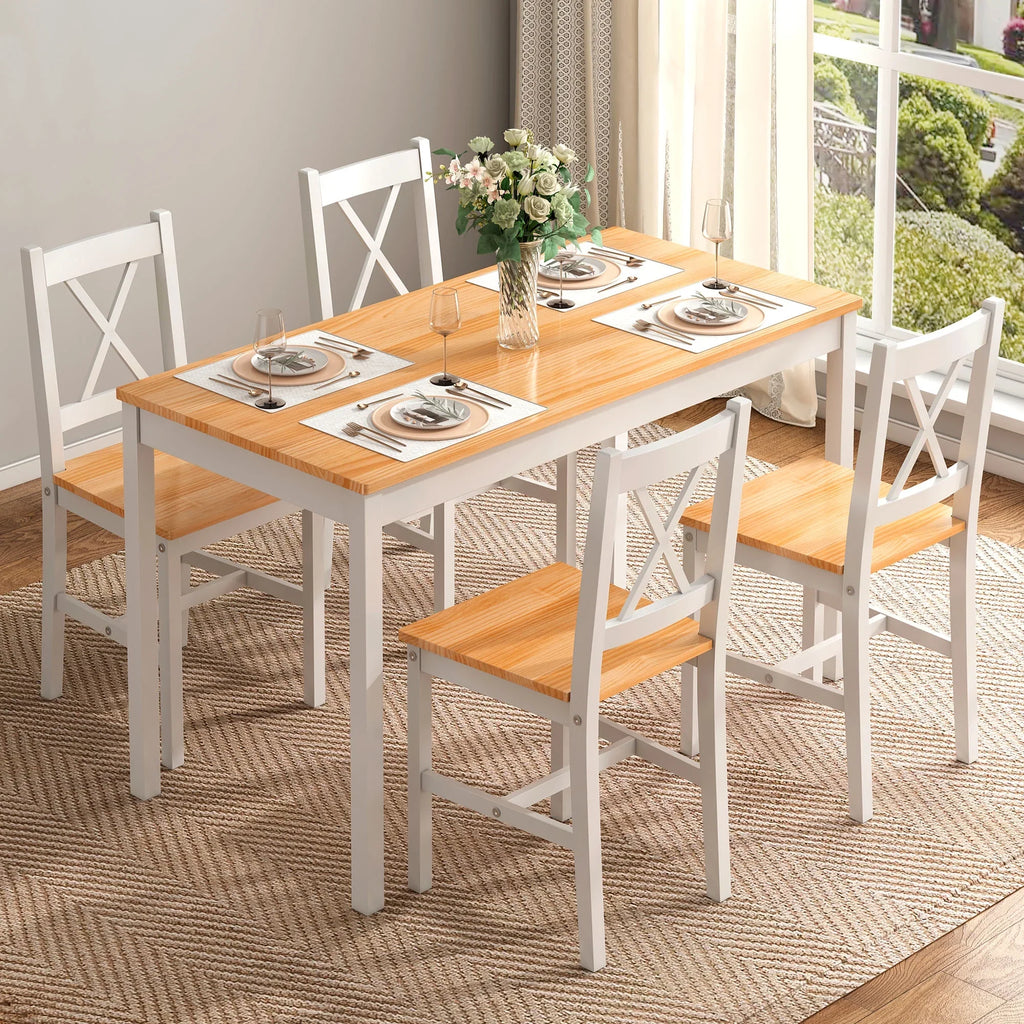 2026 NewSoges 5 Pieces Dining Table Set, Pine Wood Kitchen Dining Table with 4 Chairs, Wood Rectangular kitchen table and chairs for 4, Small Dining Set for Bar Dining Room Breakfast Nook, White and Gray