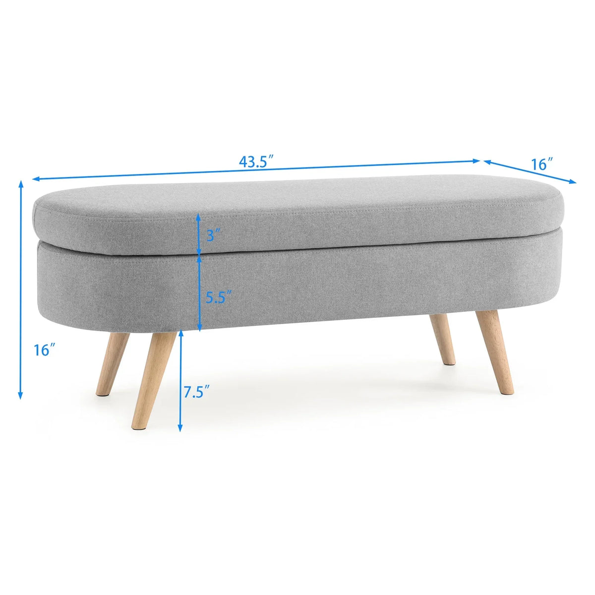 2026 New43.5" Oval Storage Ottoman Bench with Solid Wood Legs, Linen Fabric Upholstered Entryway Bench with Safety Hinge, Indoor Bench for End of Bed, Sofa Side, Entryway
