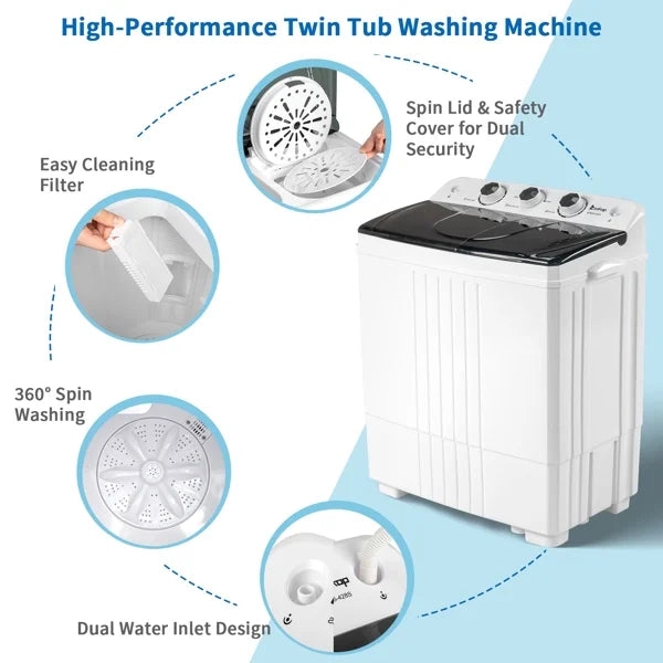 2026 New20Lb Twin Tub Washing Machine w/ Built-In Pump - Semi-Automatic 1300RPM Compact Washer for Apartment, Dorm, RV, Camping, White/Black