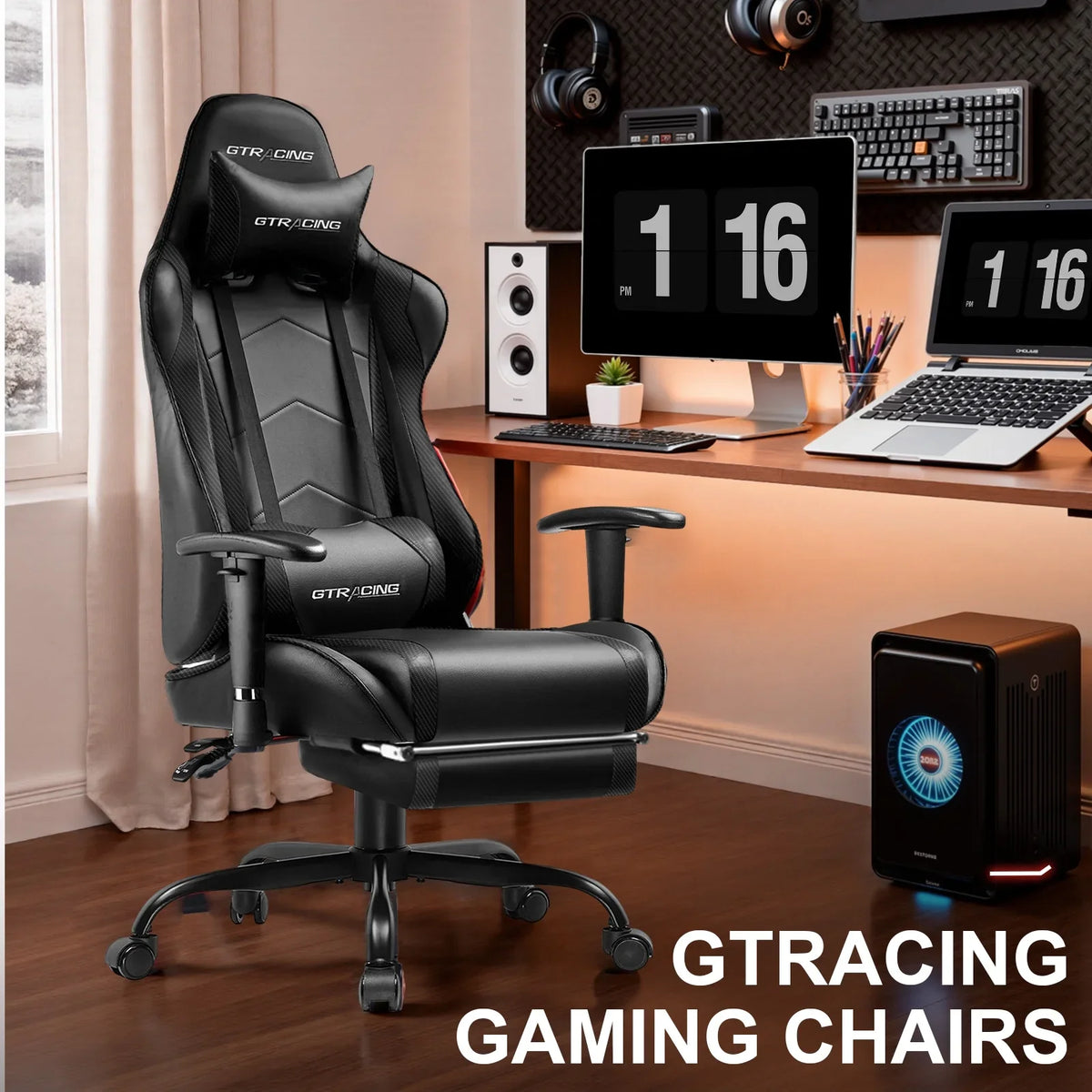 2026 NewGTRACING Gaming Chair, Ergonomic Office Desk Chair with Lumbar Support, PU Leather, Footrest & Adjustable Headrest, Red