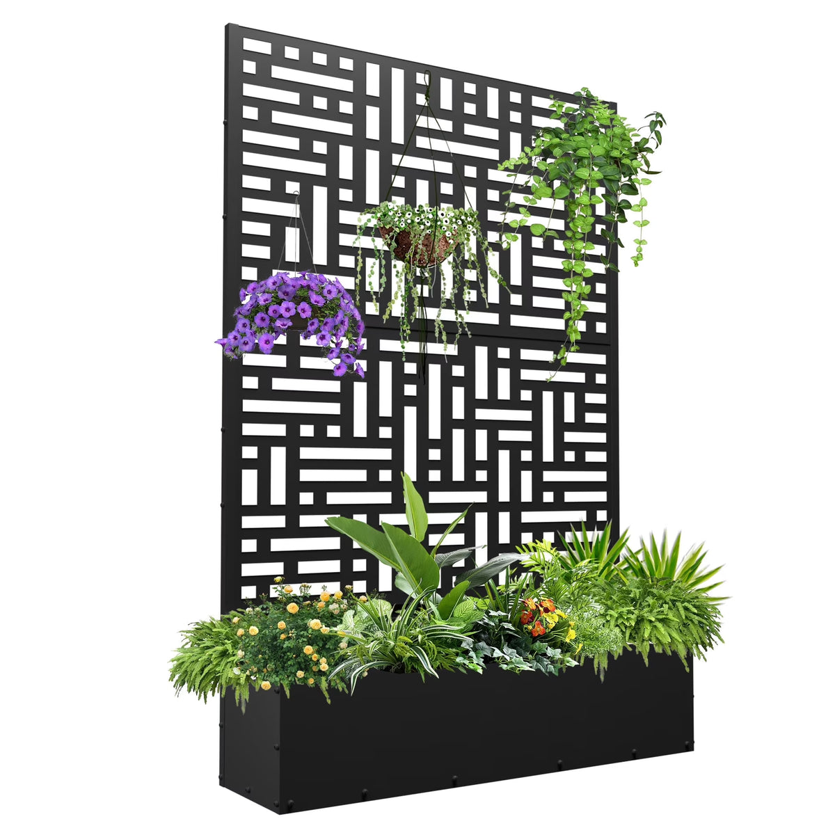 2026 NewFOOWIN 71'' H Metal Planter with Trellis, Outdoor Raised Garden Bed for Climbing Plants, Trellis Planter Box with Drainage Hole, Black