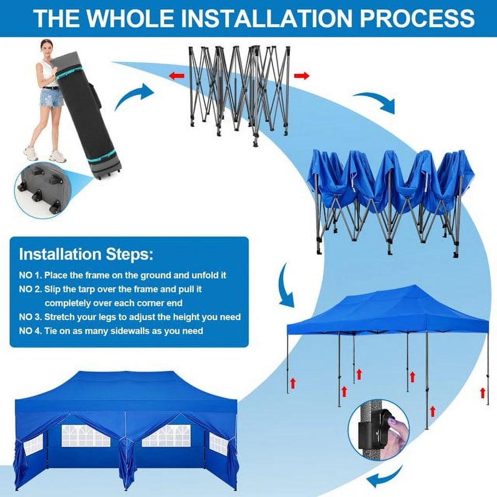 SANOPY 10'x20' Pop Up Canopy Waterproof Folding Tent Outdoor Easy Set-up Instant Tent Heavy Duty Commercial Wedding Party Shelter with 6 Removable Sidewalls, 4 Sandbags, Roller Bag, Black