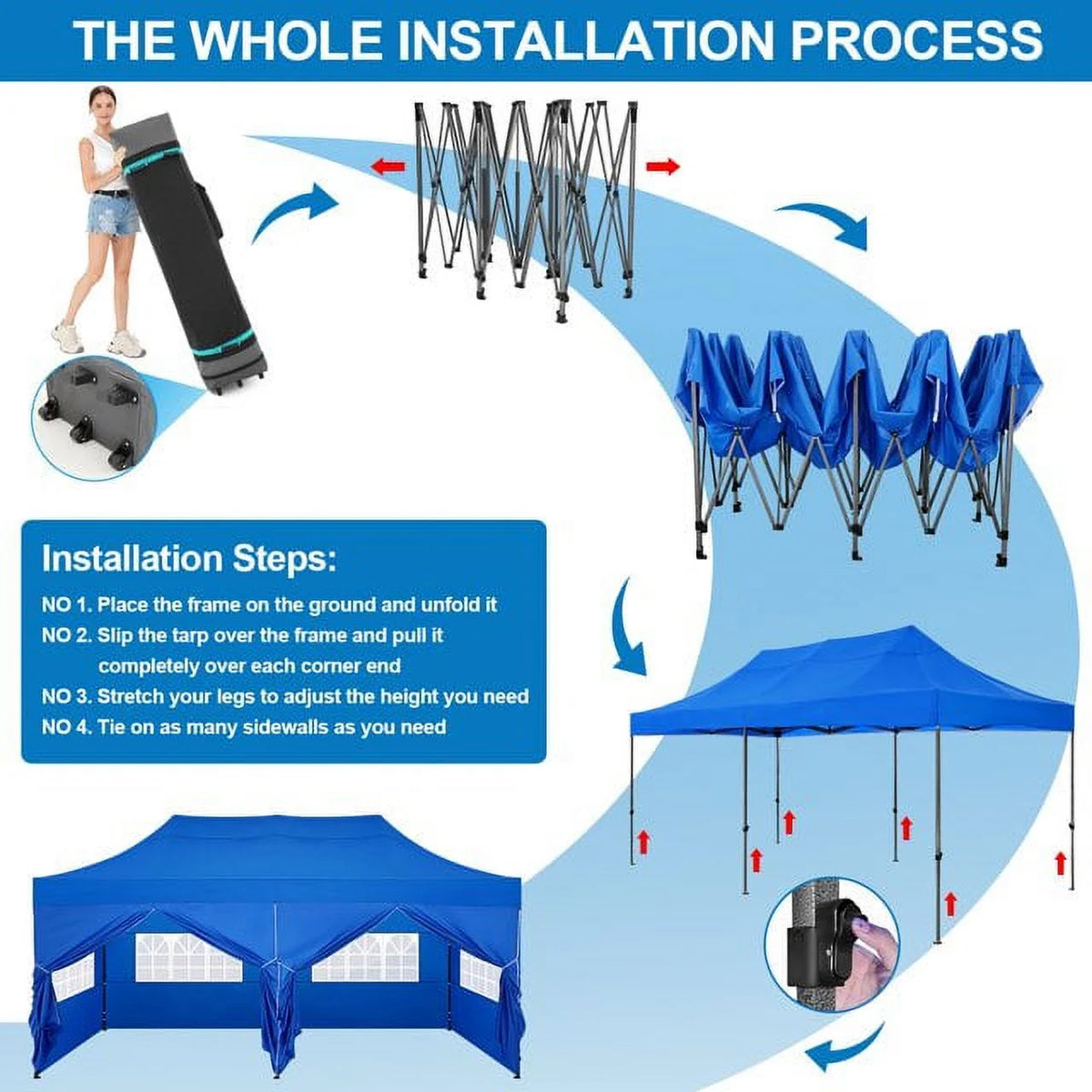 SANOPY 10'x20' Pop Up Canopy Waterproof Folding Tent Outdoor Easy Set-up Instant Tent Heavy Duty Commercial Wedding Party Shelter with 6 Removable Sidewalls, 4 Sandbags, Roller Bag, Black