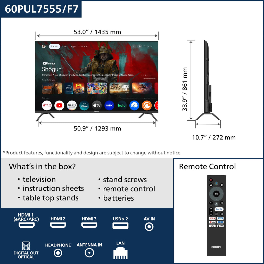 2026 NewPhilips 60" Class 4K Ultra HD (2160p) Google Smart LED TV (60PUL7555/F7)