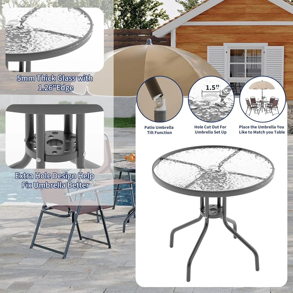 2026 New6 Pieces Outdoor Dining Set With Umbrella, Patio Table and 4 Folding Chairs With Umbrella, Garden Patio Furniture Set With Umbrellas, Tempered Glass Top Dining Table