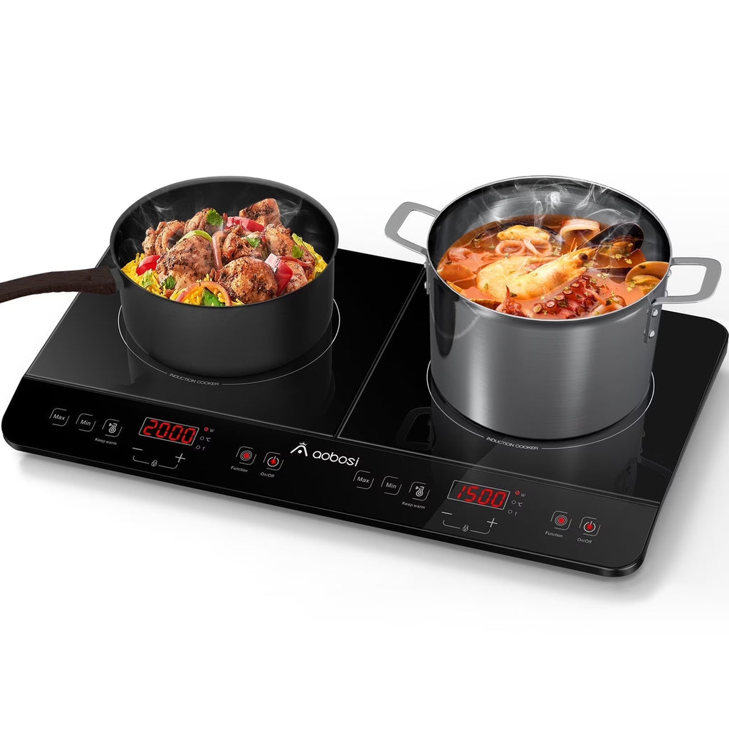 2026 NewAobosi Double Induction Cooktop with 2 Burners, 1800W Electric Stove Cooktop with Sensor Touch, 10 Temperature 9 Power Settings