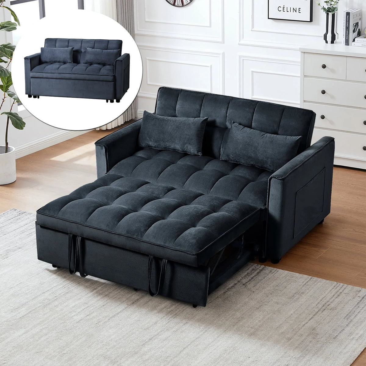 2026 New3 in 1 Convertible Sleeper Sofa Bed, Futon Couches for Living Room with Side Pocket | Adjustable Backrest| Velvet Fabric | Pull Out Couch | Love-seat sofa| Sectional Sofa Bed| 2-seat sofa bed