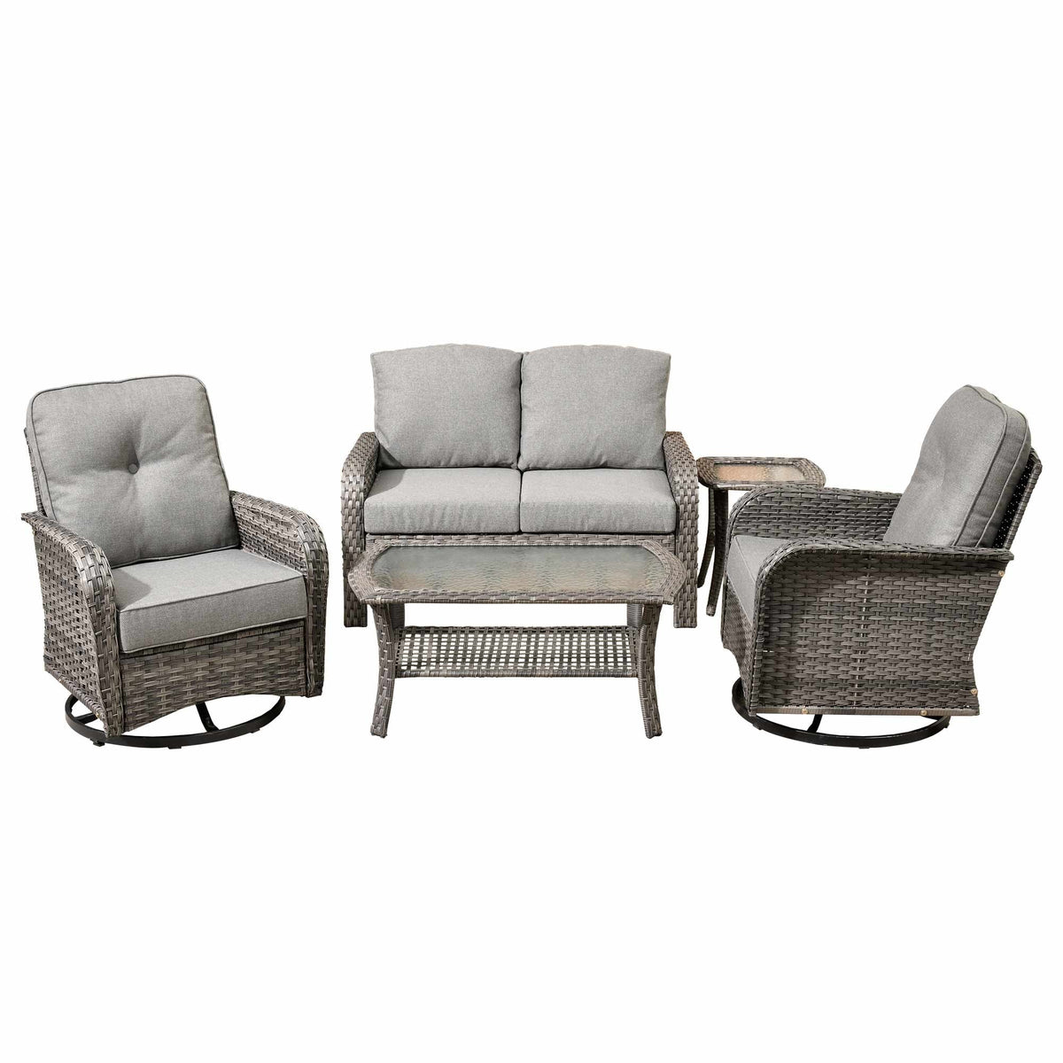 2026 NewOvios 5 Pieces Outdoor Patio Furniture Set High Back All Weather Wicker Conversation Set with Swivel Chairs & Coffee Table, Dark Gray