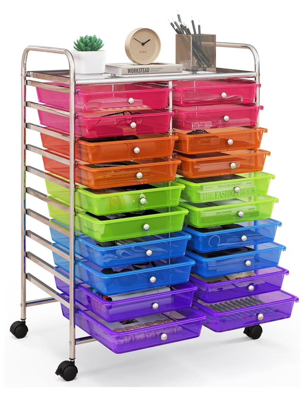 2026 New20 Drawers Storage Cart w/Rolling Wheels, Semi-Transparent Mobile Rolling Drawer Cart for School Classroom Office Home Salon, Files Scrapbook Craft Organizer, Utility Cart on Wheels (Clear)