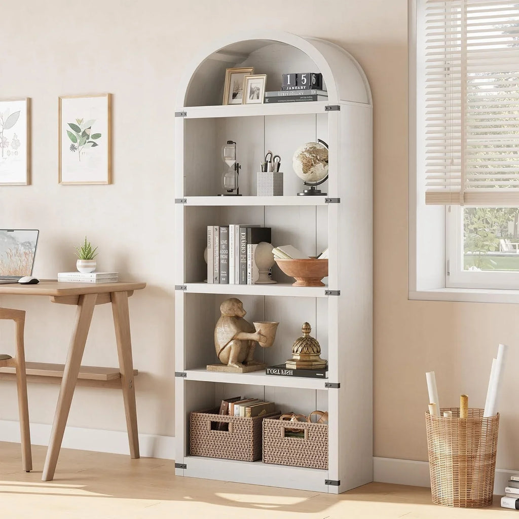 2026 NewBookcase 5 Shelf Arched Bookshelf 71.65in Tall Bookcase Farmhouse Display Storage Rack Wooden Bookshelves for Home Office, Living Room(white)
