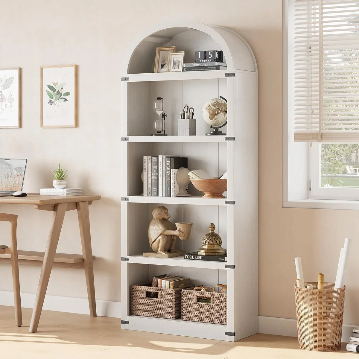2026 NewBookcase 5 Shelf Arched Bookshelf 71.65in Tall Bookcase Farmhouse Display Storage Rack Wooden Bookshelves for Home Office, Living Room(white)