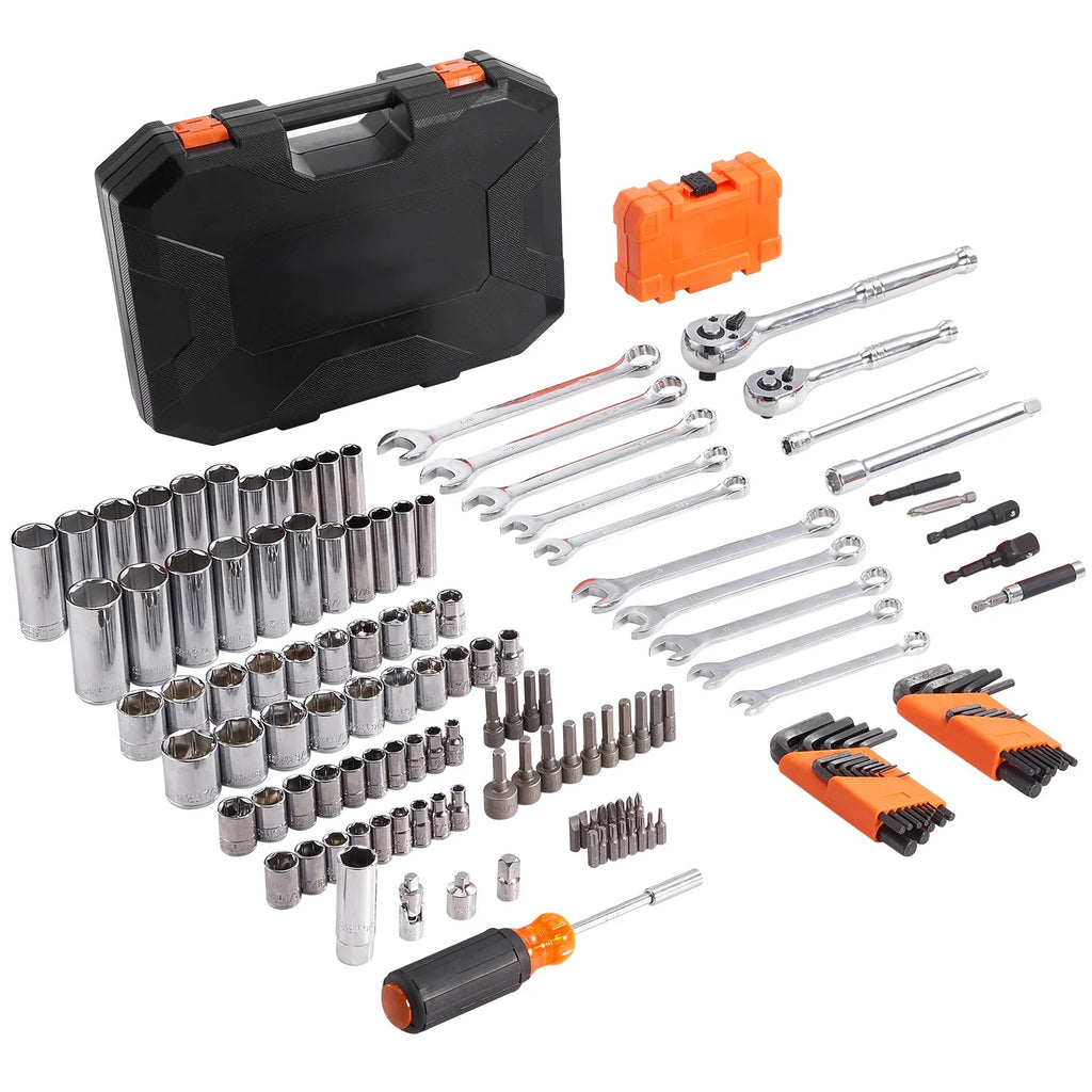 SKYSHALO Mechanics Tool Set and Socket Set, 1/4" and 3/8" Drive Deep & Standard Sockets, 145 Piece SAE and Metric Mechanic Tool Kit with Bits, Combination Wrench, Hex Wrenches, Accessories