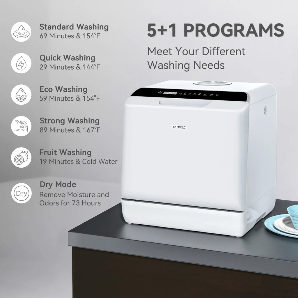 2026 NewHermitlux Portable Countertop Dishwasher, 5 Washing Programs, 5L Built-in Water Tank and Air-Dry Function, HMX-DW03