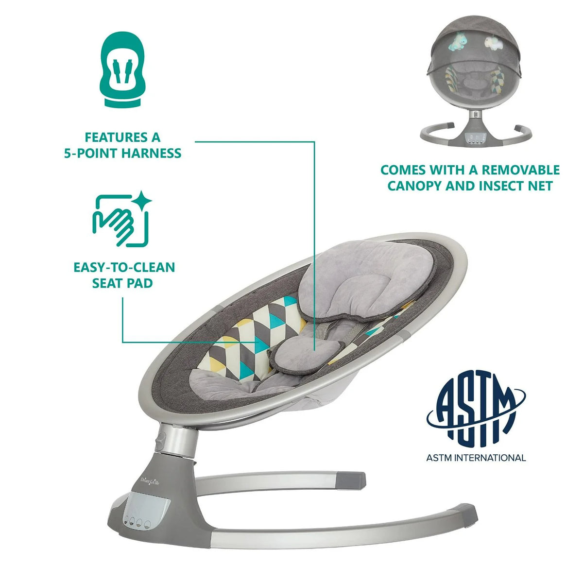 2026 NewDream On Me Zazu Baby Swing. Baby Swing for Infant. 5 - Swinging Speed. Two Attached Toys. Bluetooth Enabled and Remote Control. Grey and Blue
