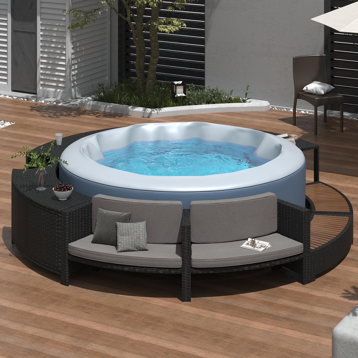 2026 NewRound Hot Tub Surround Furniture, Spa Surround Outdoor Rattan Sectional Sofa Set with Mini Sofa, Solid Acacia Wood Hot Tub Storage Surround Patio Furniture Set, Gray Cushion