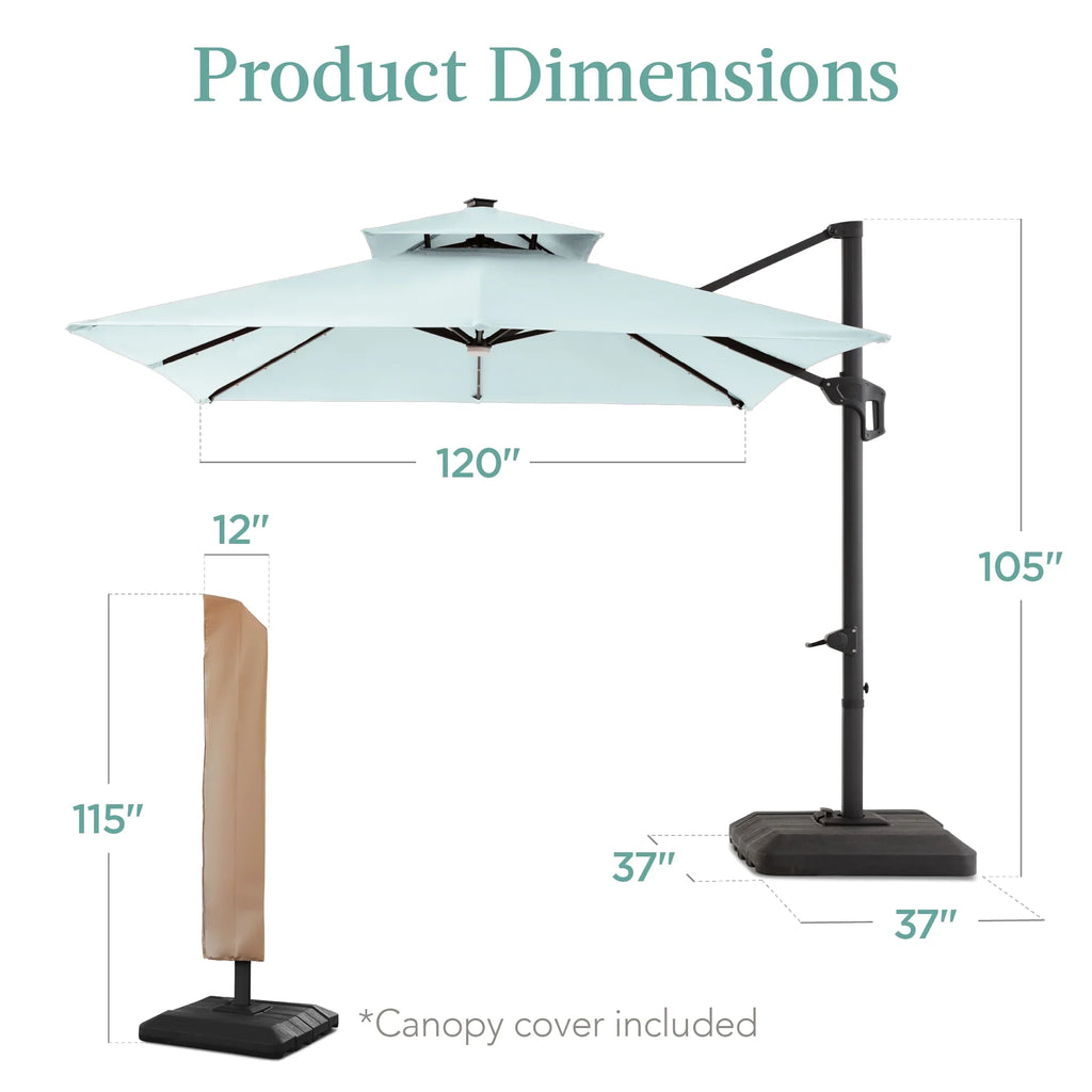 2026 NewBest Choice Products 10x10ft 2-Tier Square Outdoor Solar LED Cantilever Patio Umbrella w/ Base Included - Tan