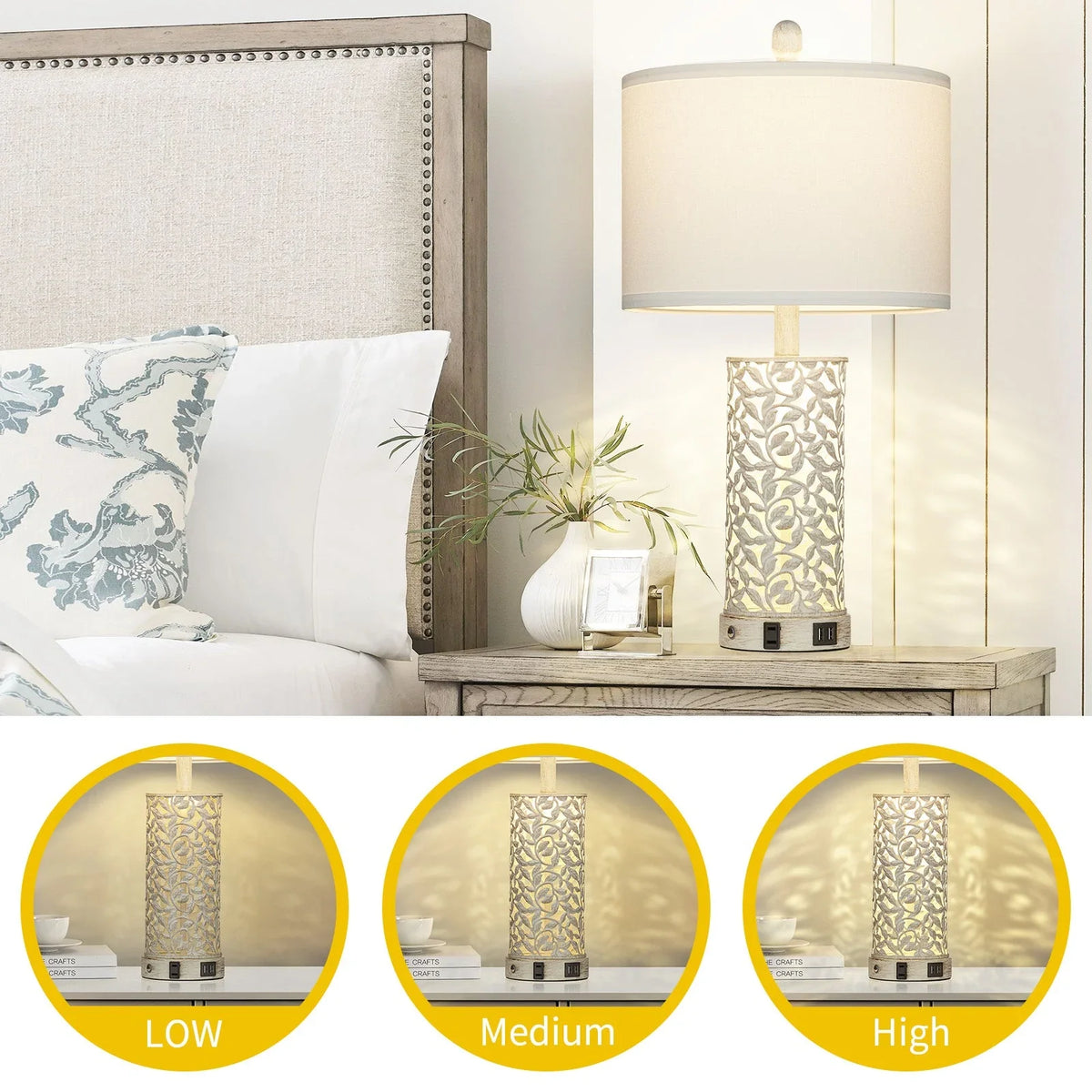 2026 NewCinkeda Table Lamp Set of 2 for Living Room Bedroom with USB Ports AC Outlet 3 Way Dimmable Touch Nightlight Farmhouse White Floral Nightstand Bedside Lamps
