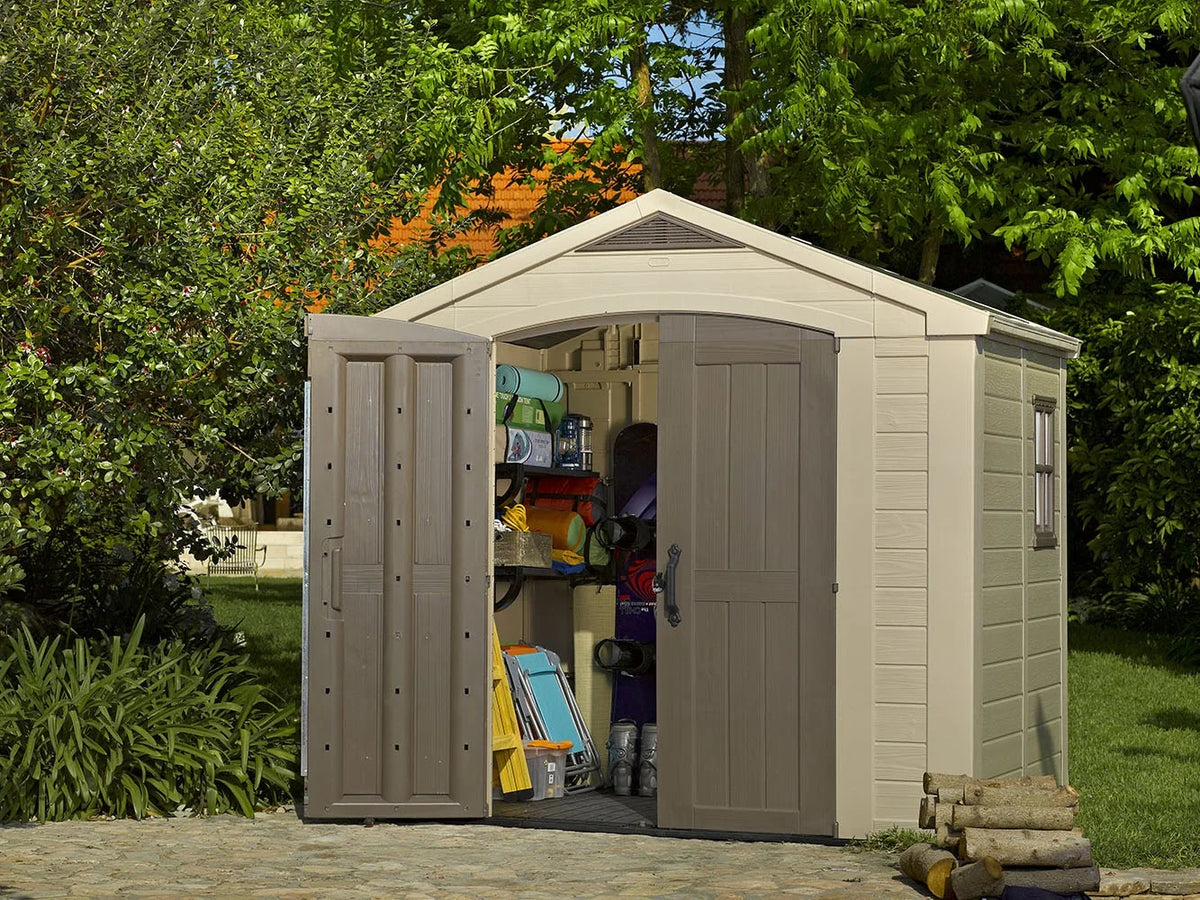 2026 NewKeter Factor 8 x 11 Foot All Weather Resin Outdoor Storage Shed, Taupe