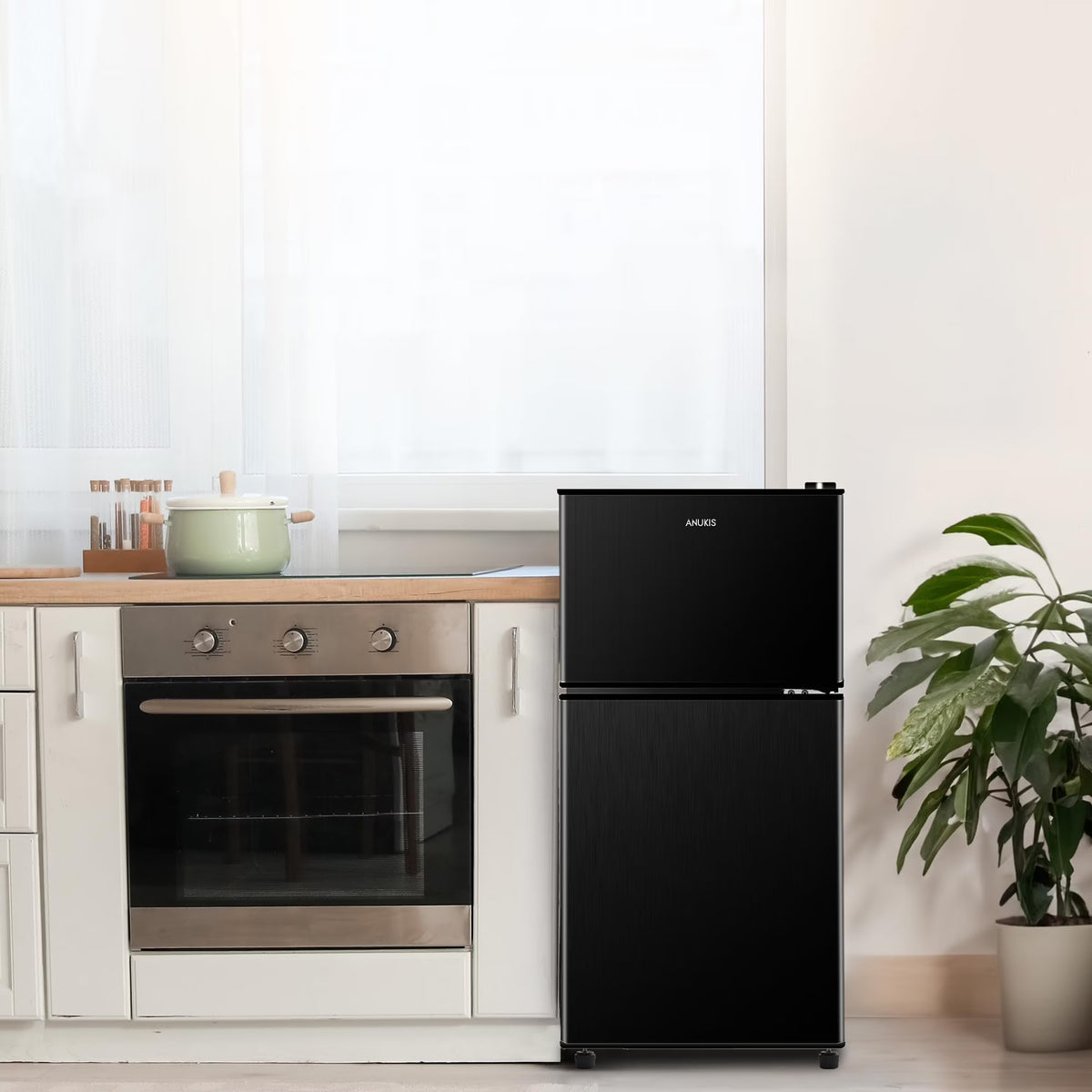 3.5 Cu.Ft Compact Mini Fridge with Freezer, 2-Door Small Refrigerator with 7-Level Thermostat & Removable Shelves for Kitchen, Dorm, Apartment, Bar, Office-Black-